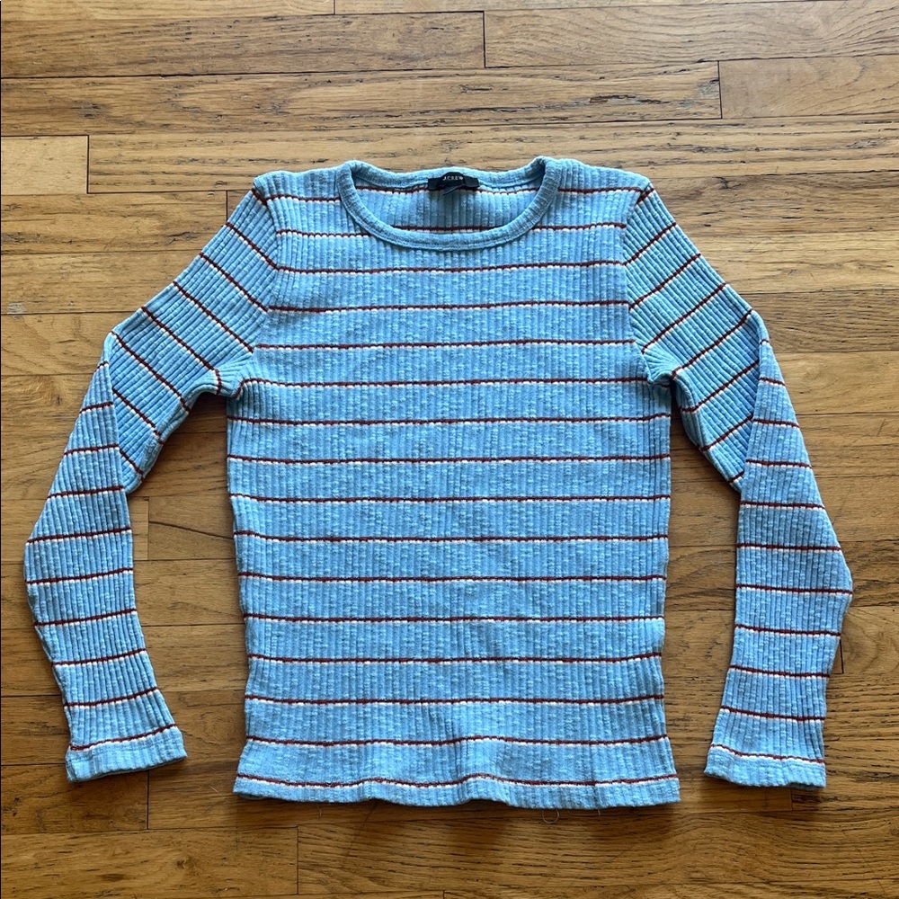 J. Crew Light Blue Ribbed Long Sleeve Tee with Rust Stripes
